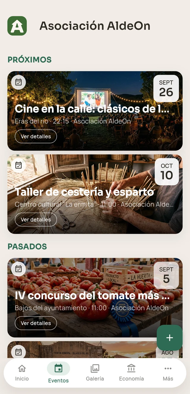 Eventos de la asociación en la app AldeOn, próximos y pasados