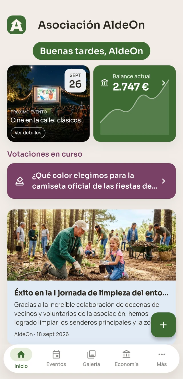Inicio de la app AldeOn para una asociación, con el próximo evento, el balance, las votaciones en curso y las últimas noticias