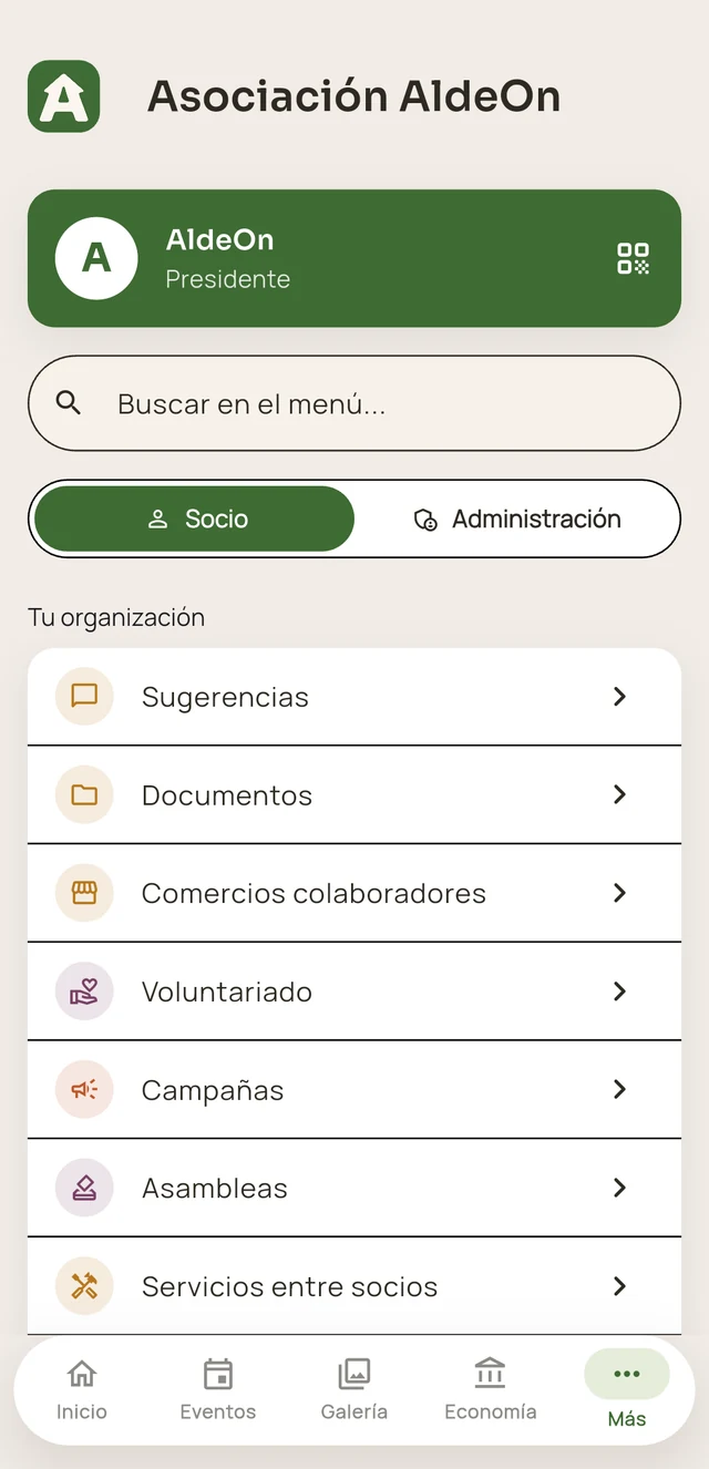 Menú Más de la app AldeOn para asociaciones: sugerencias, documentos, voluntariado, campañas y asambleas