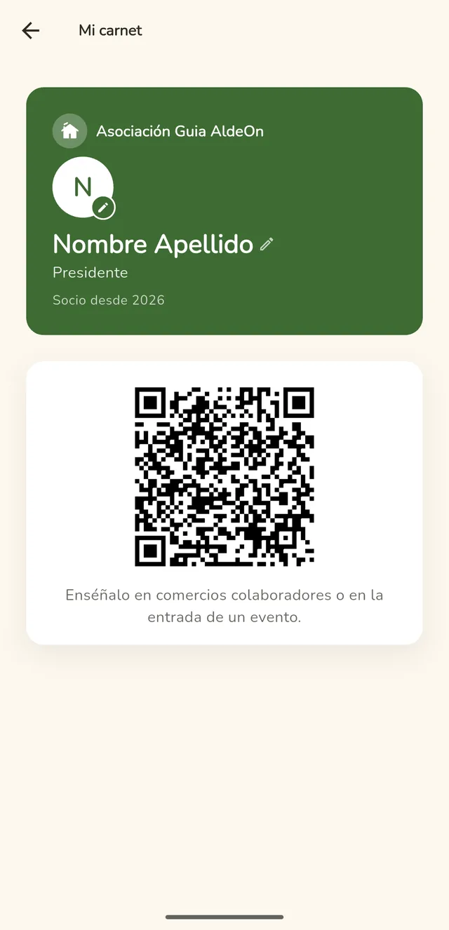 Carnet digital de hermano con código QR en la app AldeOn