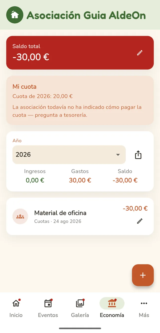 Cuota mensual de un residente en la app AldeOn, con recibo y pago por tarjeta, Bizum o domiciliación