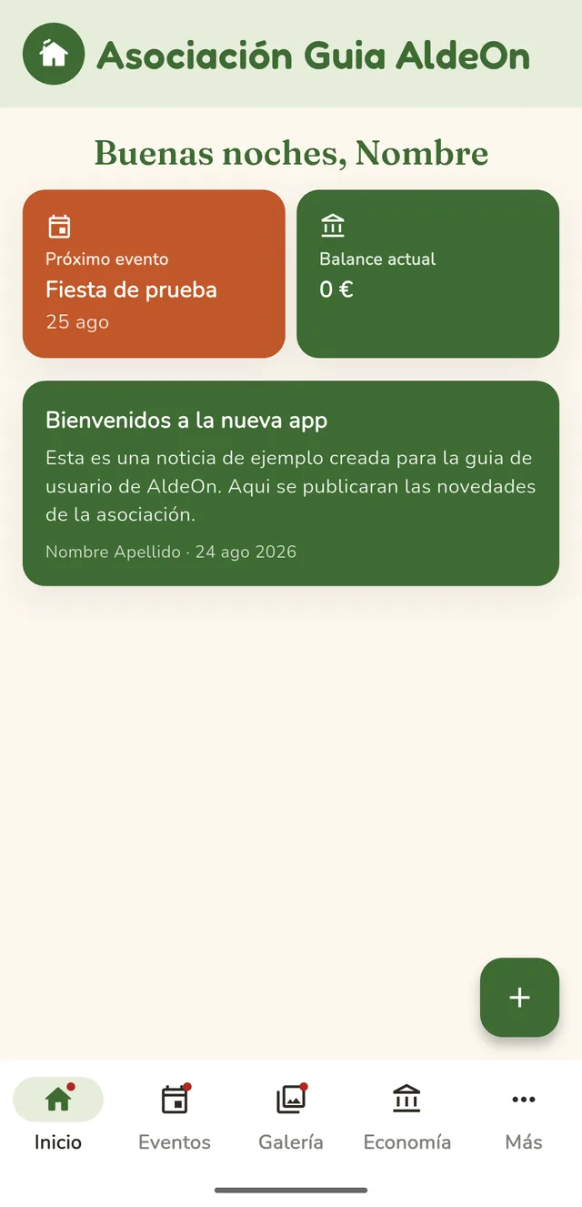 Inicio de la app AldeOn para una peña, con los últimos avisos