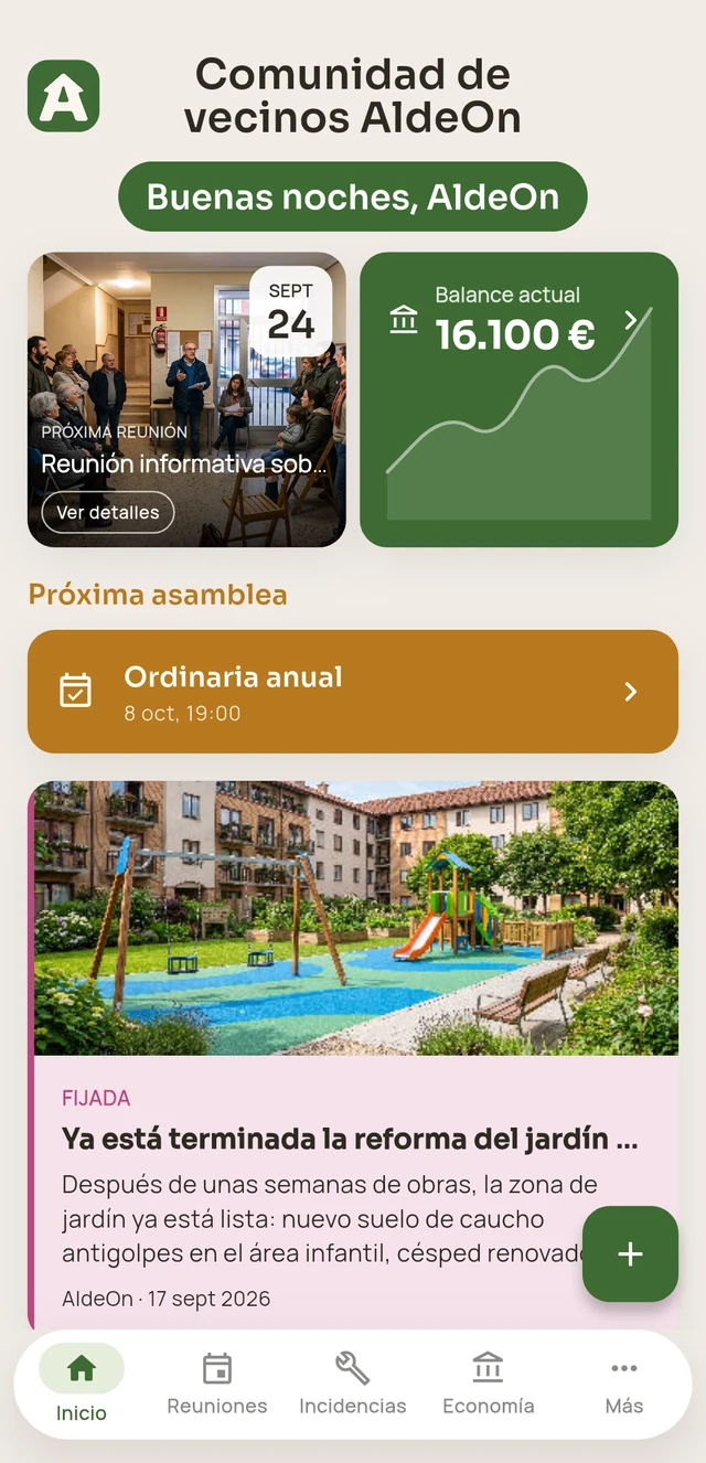 Inicio de la app AldeOn para una comunidad de vecinos, con la próxima reunión, el balance, la próxima asamblea y los avisos