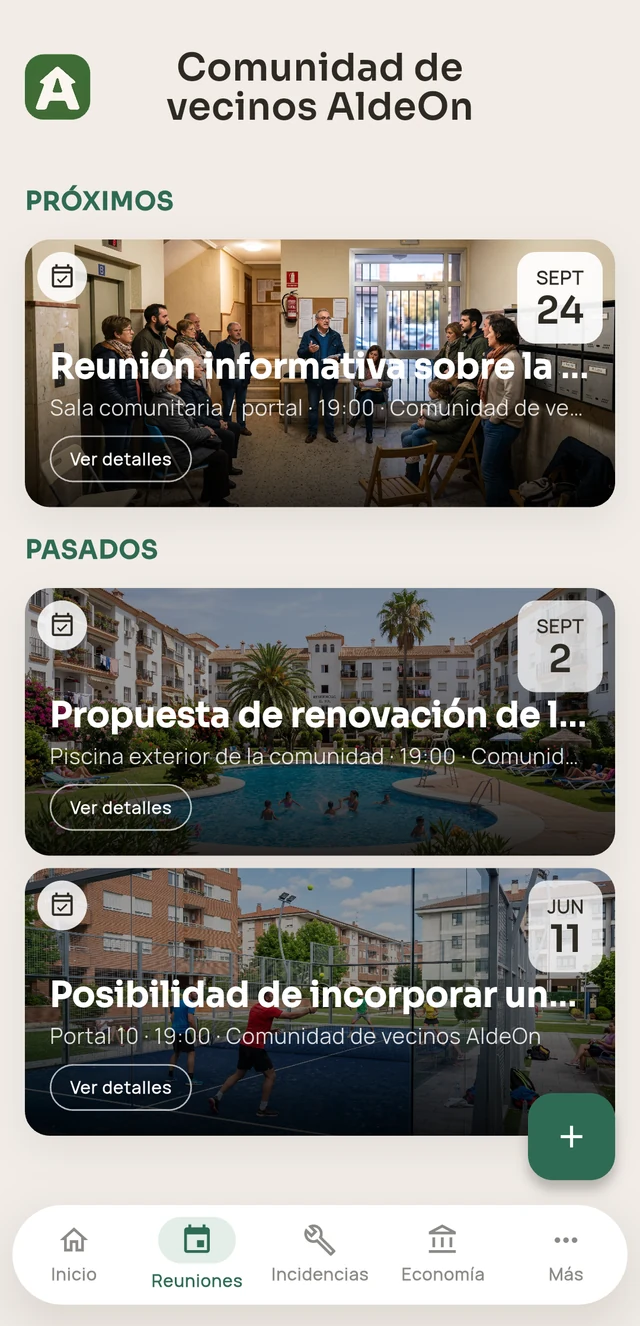 Reuniones de la comunidad de vecinos en la app AldeOn, próximas y pasadas